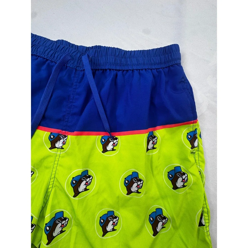 Buc-ees Mens 2X Swim Trunks Blue Lime Green Beaver Mascot Board Shorts Texas 2XL